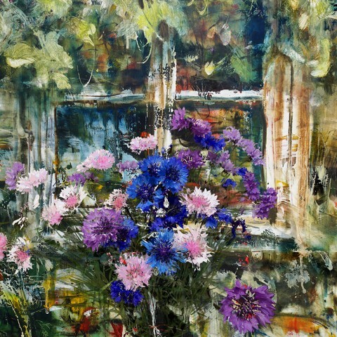 Flowers in the window, oil painting and mixed media abstract background